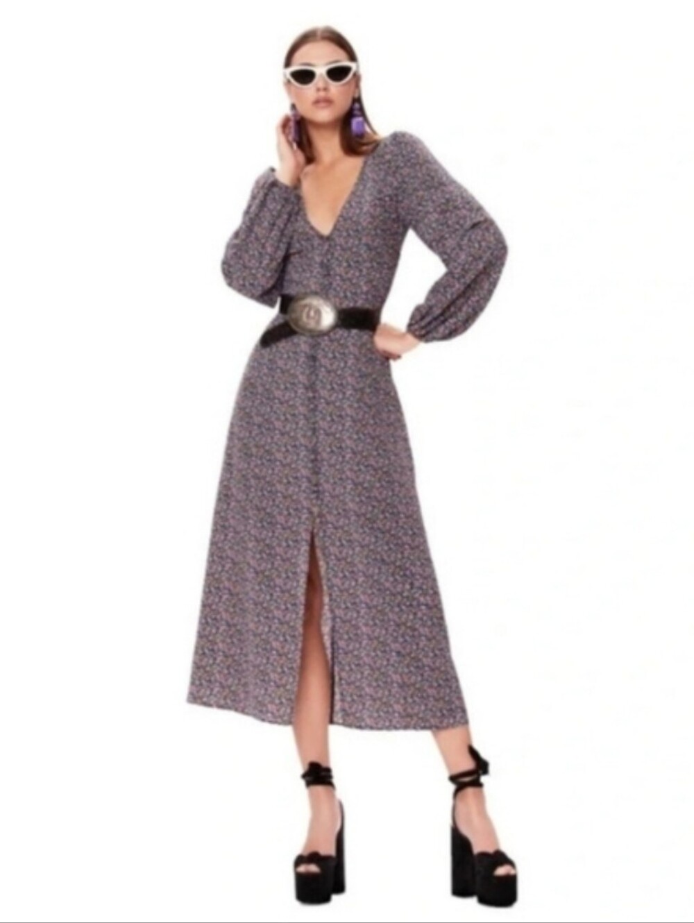 AFRM Floral Midi Dress Long Sleeve Plunge Neck Ditsy Floral Medium